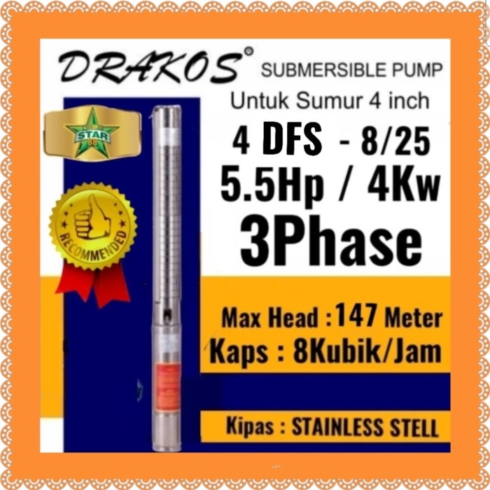 Asli Pompa Satelit Drakos 5.5Hp 380V Submersible Kls York 4Syk8/25T 8M 4" Garansi
