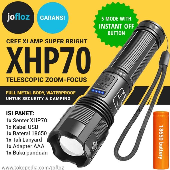 Senter LED XHP70 ZOOM +Baterai 18650 USB Recharge - XHP 70 P7