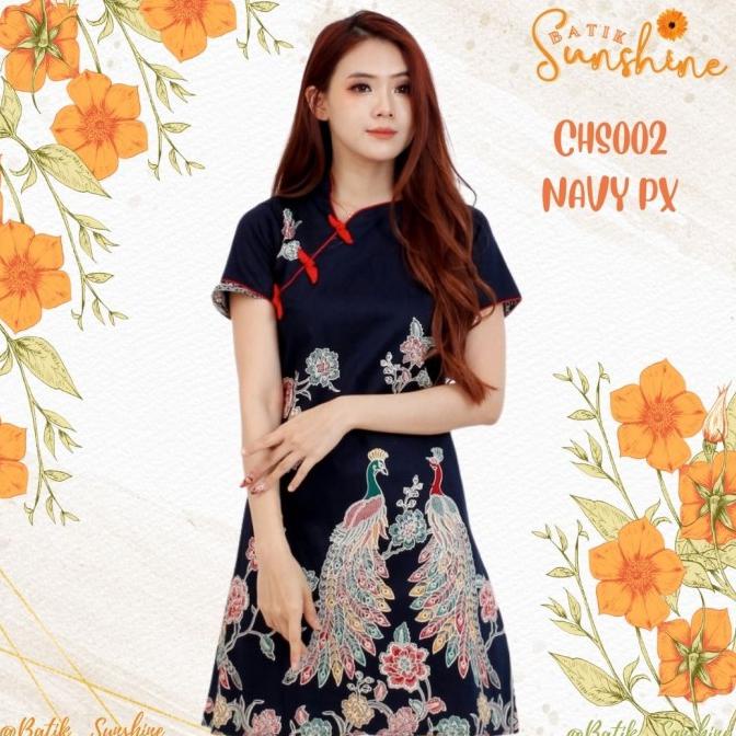 Dress Batik Wanita Model Cheongsam Sangjit/Imlek Chs002 Px Navy Cream Original