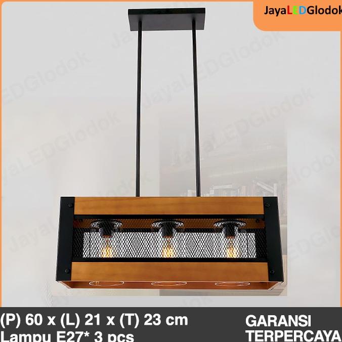 Lampu Gantung Ruang Makan Industrial Aksen Kayu 60 Cm Arkanafadli