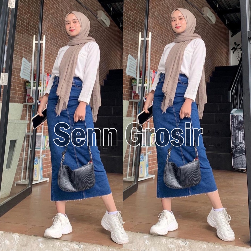 Rok Jens Wanita Rok Jeans Wanita Non-Strecth Kekinian Remaja Bahan Melar Nyaman Midi Skirt Rok Terba