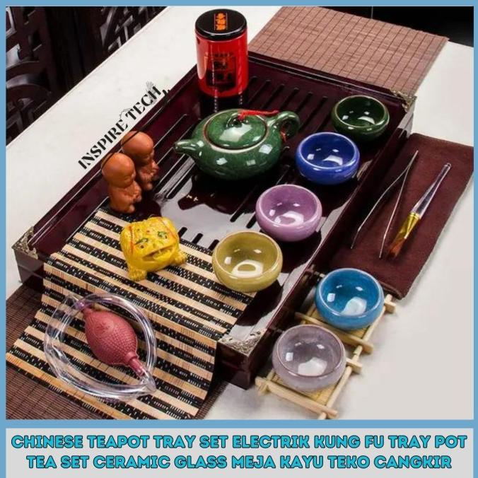 CHINESE TEAPOT TRAY SET ELECTRIK KUNG FU TRAY POT TEA SET CERAMIC GLAS KIFTIYAASHA