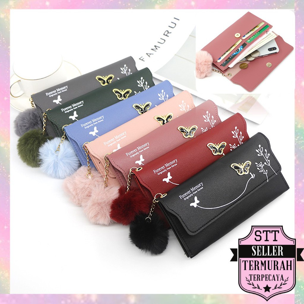 STT DOMPET WANITA KOREA PANJANG FREE POMPOM DOUBLE KUPUKUPU FAHSION  DOMPET LIPAT PANJANG