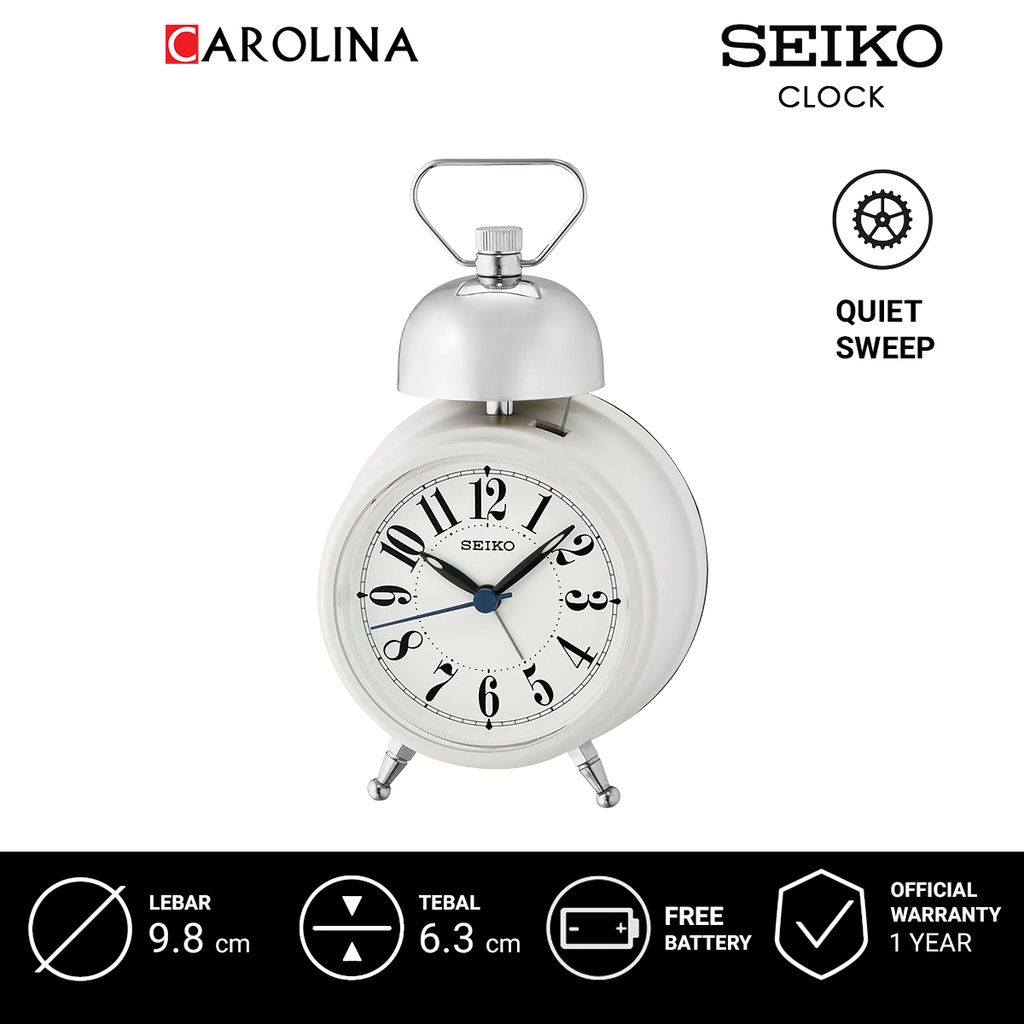 Jam Beker QHK055N SEIKO QHK055N Quiet Sweep Analog Light Grey Plastic Case White Dial Bedside Bell A