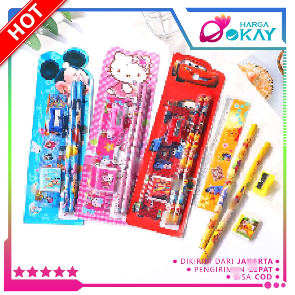 

HO Stationery Set 5 in 1 Alat Tulis Anak Sekolah Penghapus penggaris Pensil Serutan Karakter Lucu