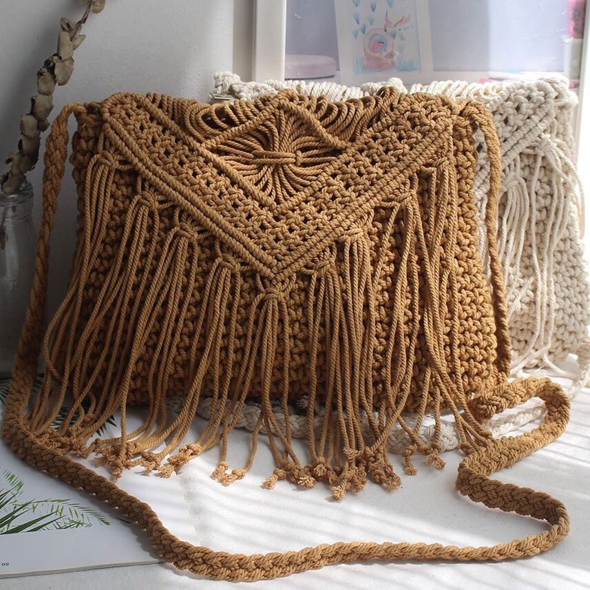 Tas Wanita, Gaya Etnik, Retro Bohemian, Rumbai, Tas Wanita Kepang Katun