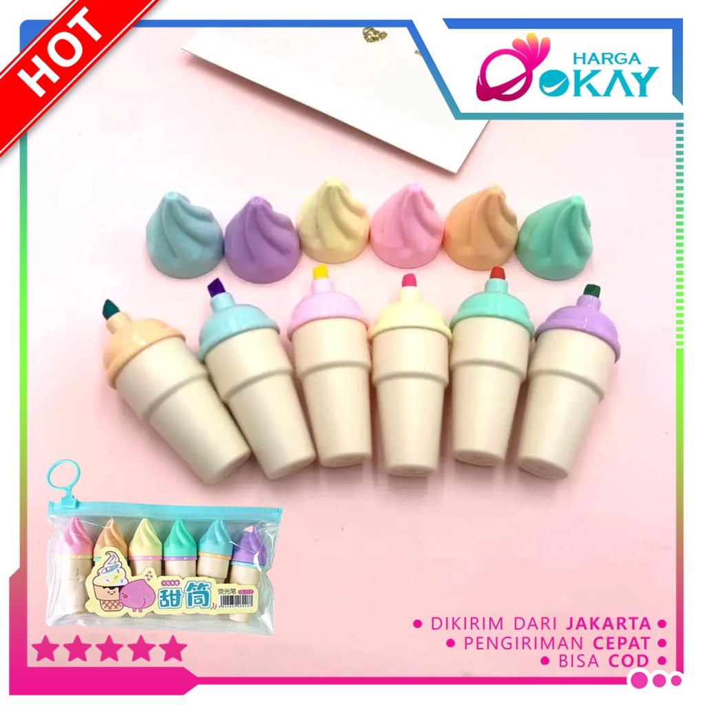 

HO Set 6 Pcs Free Pouch Highliter Es Krim Cone Stationery Lucu Unik Penanda Buku Warna Warni Kado Viral Termurah