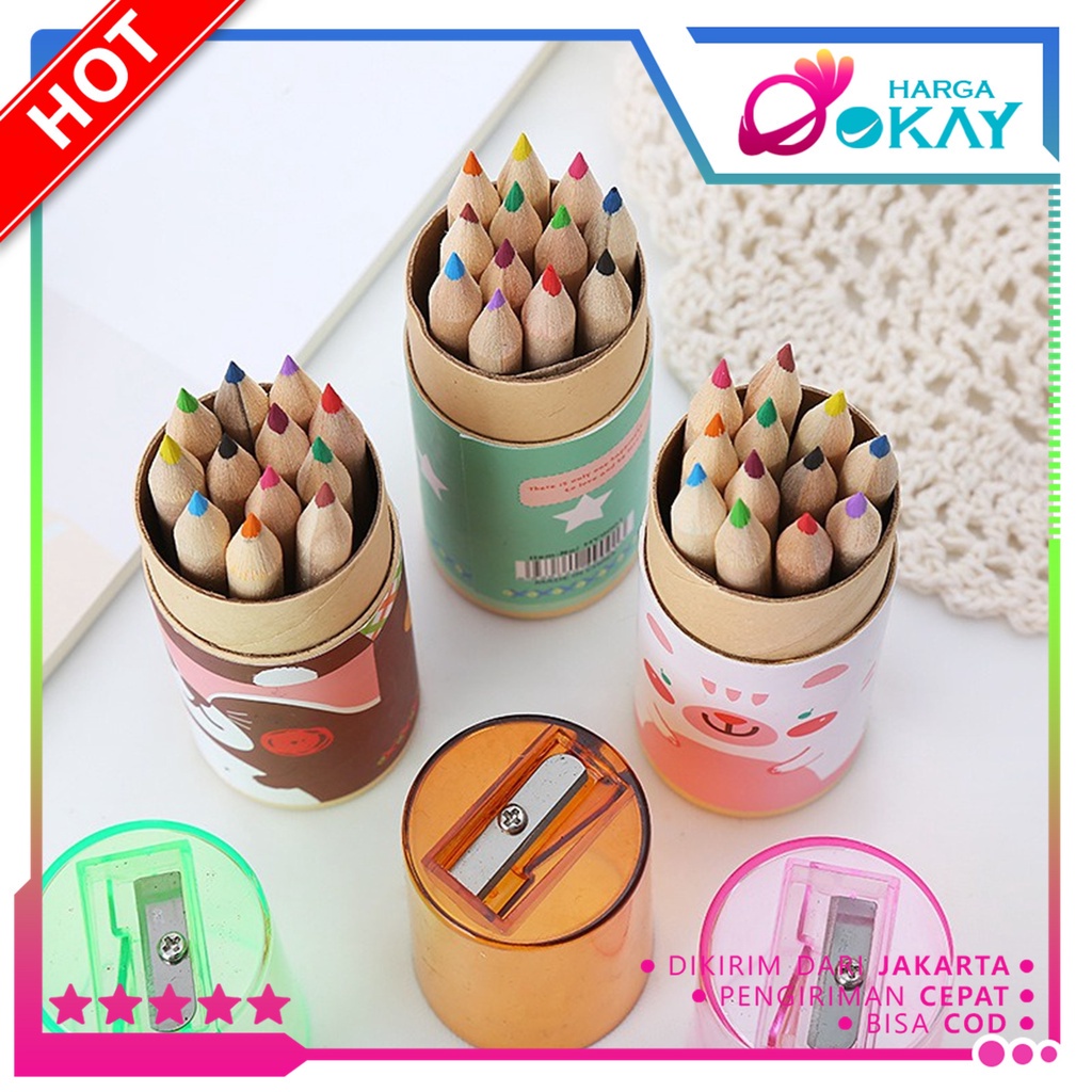 

HO Pensil Warna 12 IN 1 + Serutan Pensil Color Pencils Quality Pensil Warna Karakter Kemasan Tabung Murah