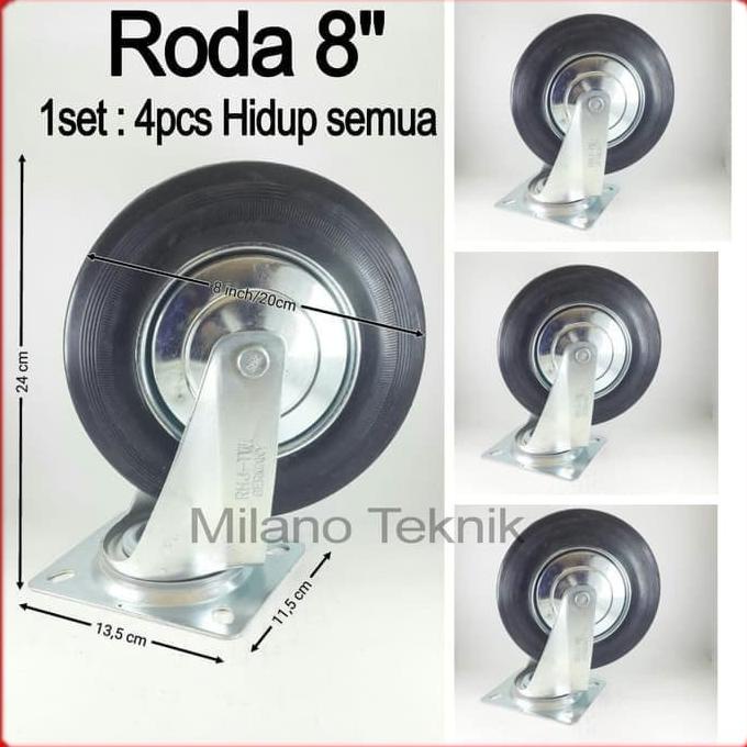 Roda Troli 8" 1Set(4Pcs Hidup) Roda Karet 8Inchi Etalase 8 Inch Troly