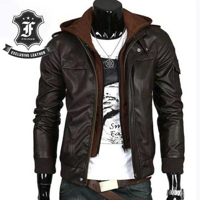 Jaket Kulit Sintetis GGS - Jaket Semi Kulit Hoodie Pria