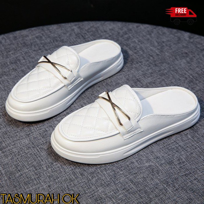 Sepatu Sandal Selop Kets Wanita Putih Polos Kulit Import Cewek Korea