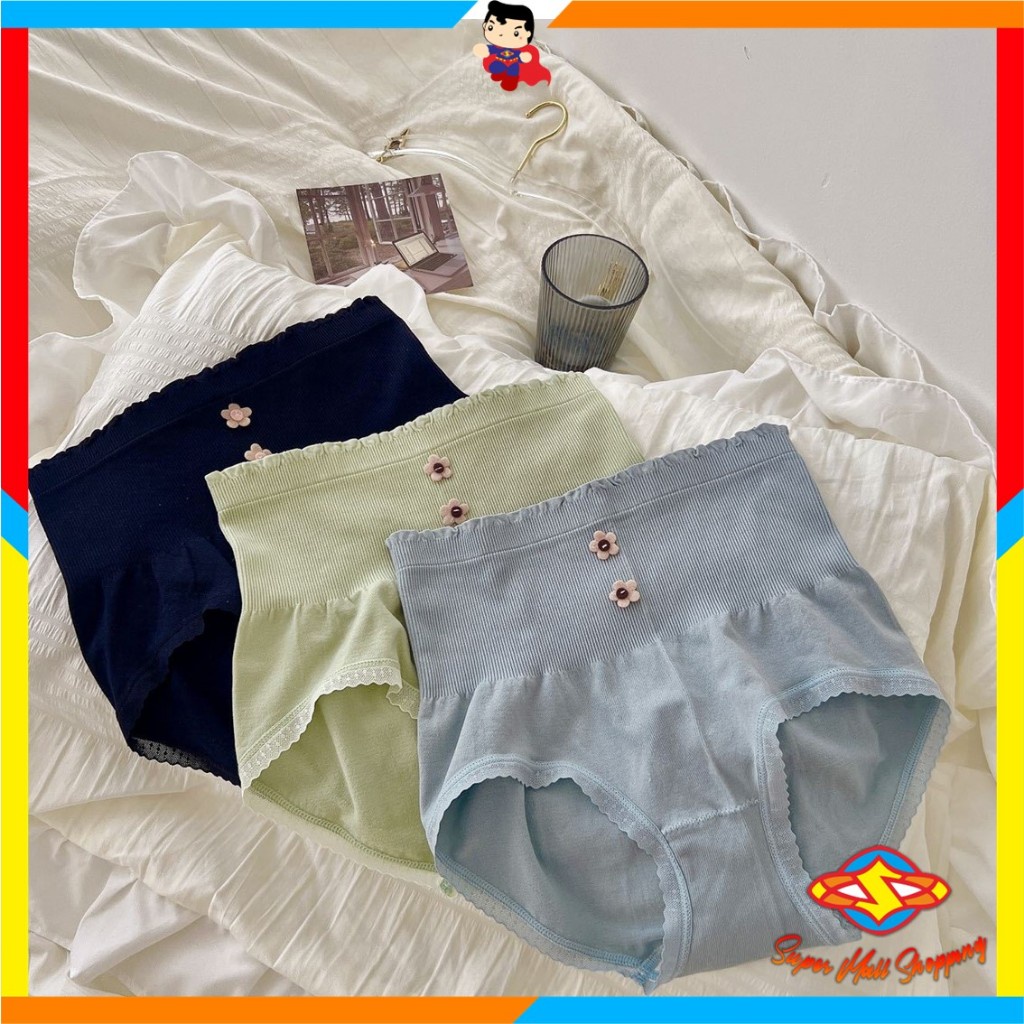 SMS Celana Dalam Wanita Highwaist Motif 2 Bunga 6927 Anti Bakteri Celana Pendek Bahan Katun Renda Se