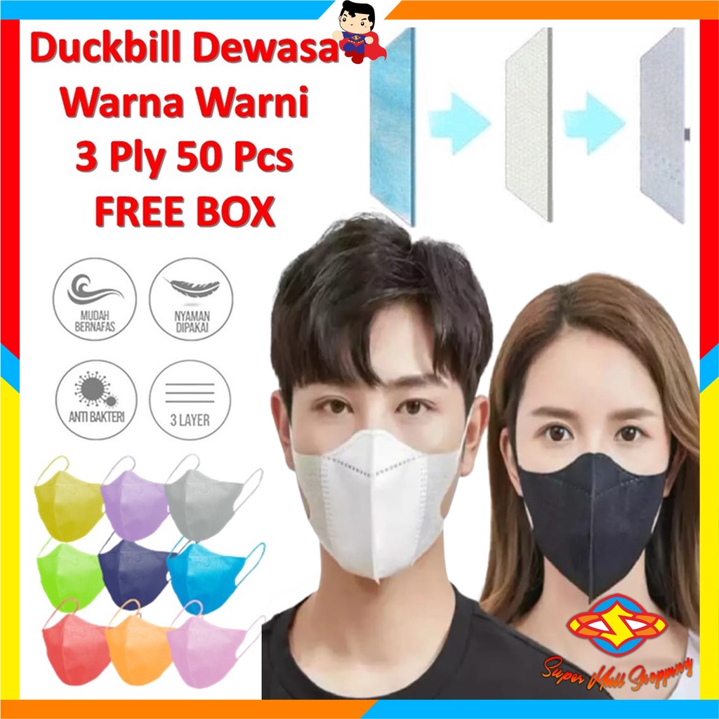 SMS Masker Duckbill 3Ply 50Pcs Mask Earloop 3D Hitam Protective Mask Duckbill Putih Free Box Isi 50 