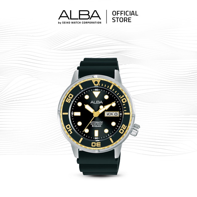 Alba Mechanical Jam Tangan Pria AL4250 / AL4250X1 Automatic Black Gold Dial Rubber Strap Watch