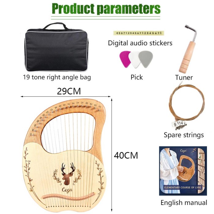 Harpa Lyre 19 Strings Harpa Kecapi Dan Tuning Wrench Strings Pick Set