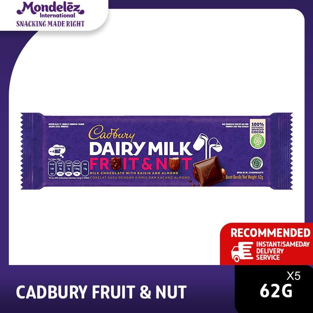 

Ready Cadbury Dairy Milk Chocolate Fruit & Nut Regular 62g Untuk Camilan x 5
