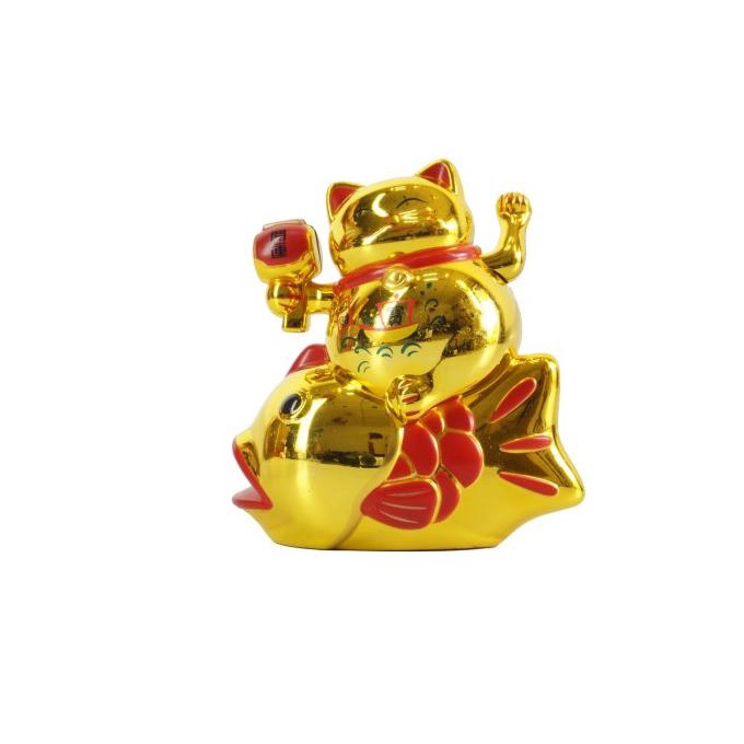 Patung Kucing Ikan Maneki Neko 16 Cm Besar Emas Merah Beruntung Lucky