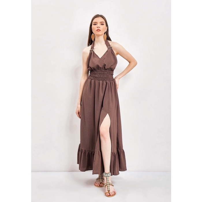 ✅Baru Navva Beachwear Tiberio Halter Maxi Dress Brown Diskon