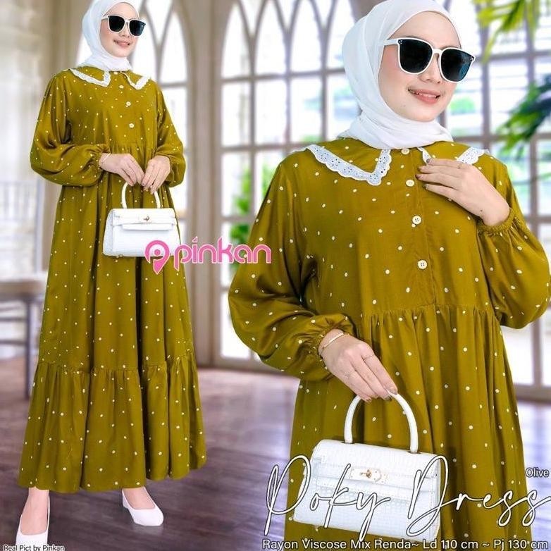 Gamis Wanita Terbaru Bahan Rayon Motif Polkadot Midi Dress Muslim Korean Style Kekinian New