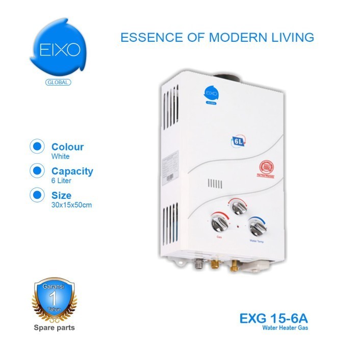 [New] Eixo Global Gas Water Heater Pemanas Air Lpg Instant Exg 15-6A Diskon
