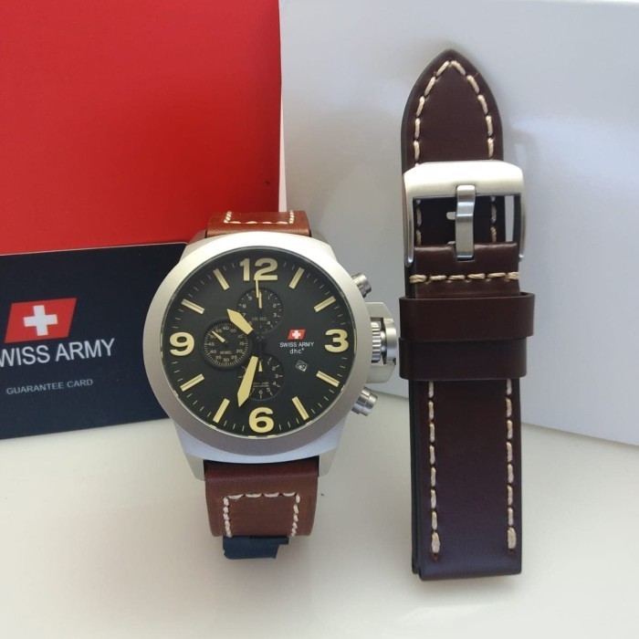 ✅Ori Jam Tangan Swiss Army 2016 Mcbssba Silver Black Free Leather Strap Ori Terbaru