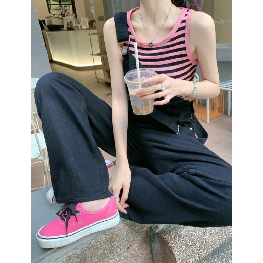 Promo Akhir Tahun Korea Style Retro Celana Jumpsuit Jeans Wanita High Waist Loose Hitam Gelap/Jumpsu