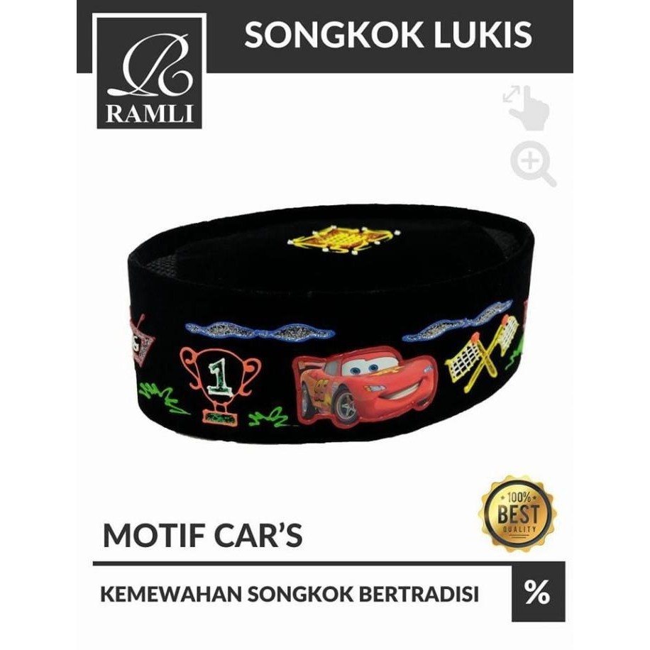 Peci Songkok Anak Hitam Lukis Motif Car