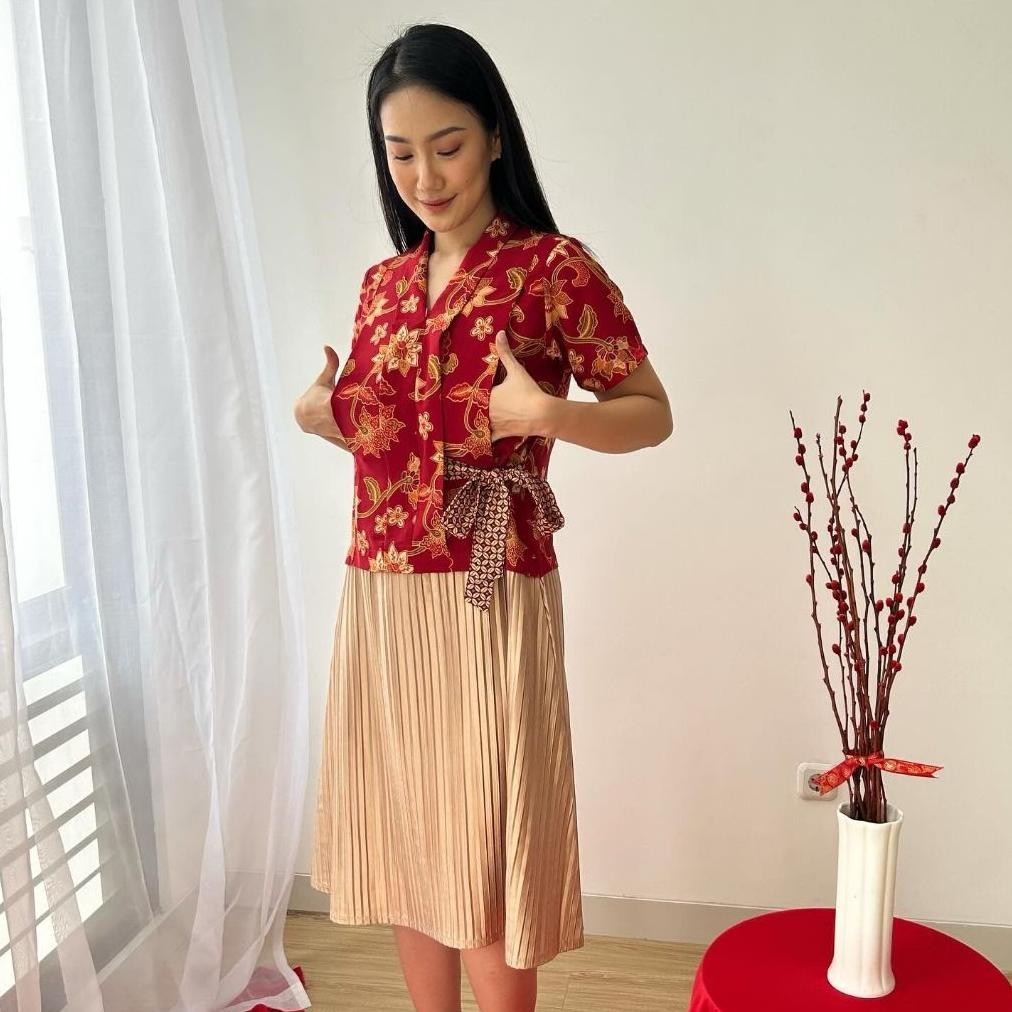 CR - MATERNEL Baju Imlek hamil busui - Kimono batik pleats dress (one piece dress) TERLARIS