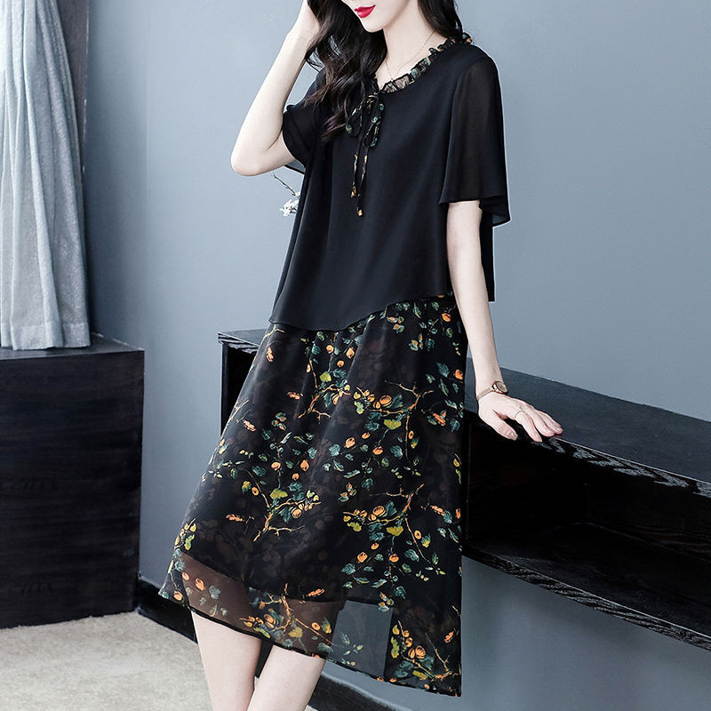 Baju Sifon Motif Bunga Wanita, Ukuran Besar Ibu Gemuk Gaun Midi