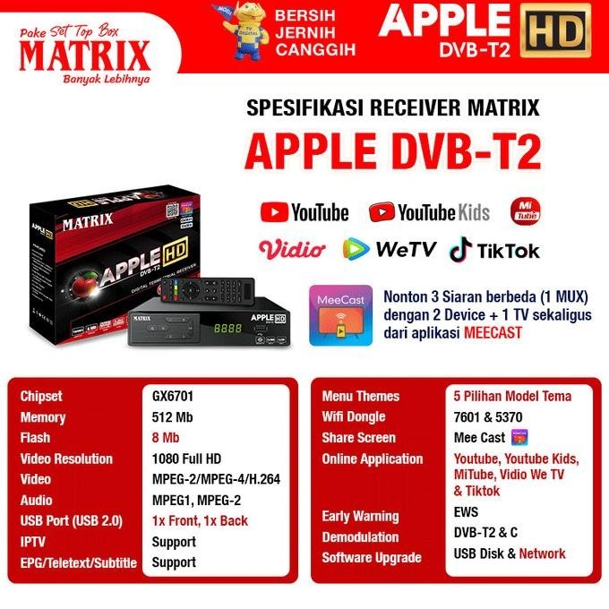 SET TOP BOX MATRIX APPLE MERAH DVB T2 / PENERIMA SIARAN DIGITAL - MATRIX MERAH,+HDMI_WIFI