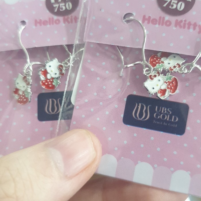 ANTING HELLO KITTY STRAWBERRY EMAS ASLI PUTIH WHITE GOLD 75% 750 17K