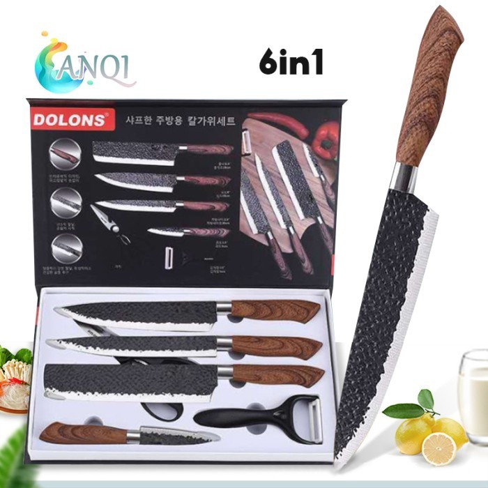 Ready ANQI SHOP Knife Set Pisau Dapur Set isi 6pcs Wooden Kitchen Knife Set