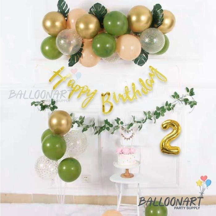 Retro Sage Green And Gold Birthday Decoration Set/Dekorasi Ultah Anak
