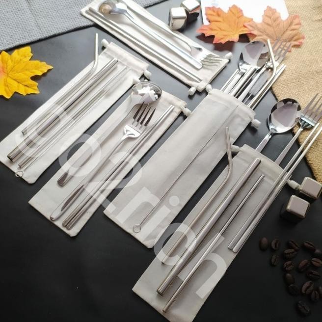 Sendok Set Sendok Korea Set Garpu Sumpit Sedotan Stainless Set Pouch | Barnabe