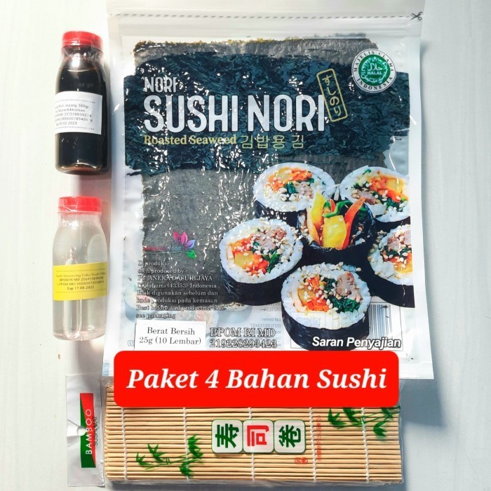 

Terlaris Paket Bahan Sushi tipe 4 nori cuka shoyu bambu vinegar tikar penggulun SALE