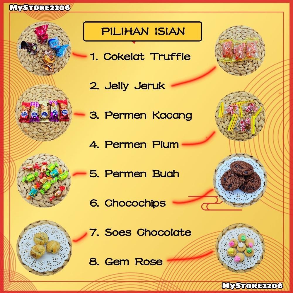 

CNY (2 JAR) Hampers Parcel Chinese New Year Tahun Baru Imlek 2024 Permen, Jelly, Cokelat, Cookies Kue Kering Choco Chips, Gem Rose, Soes Chocolate isi 2 Jar 600ml / Hampers Chinese New Year