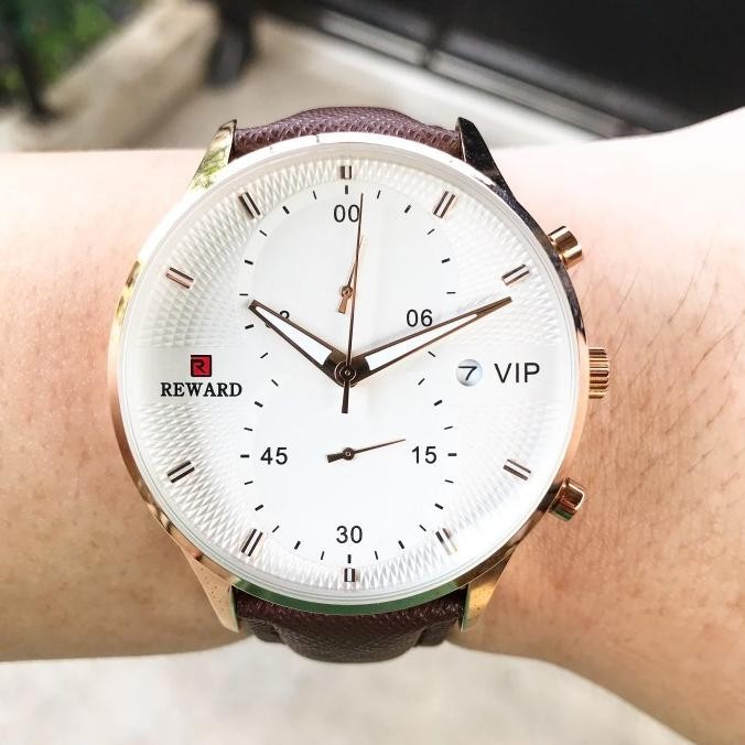 Jam Tangan Pria Original Analog Kulit Reward Pentagon Gold Rose Chrono