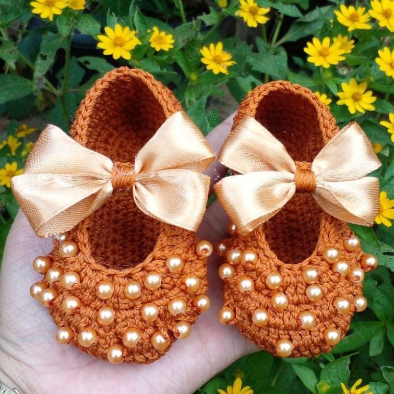 "Diskon Ganda" catalog 1 sepatu bayi perempuan rajut hias pita cantik lucu murah bisa custom ||