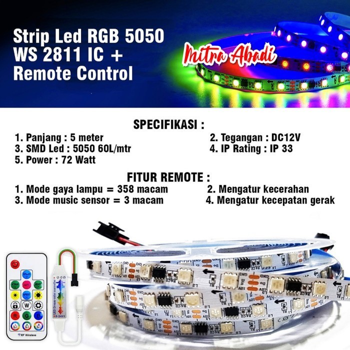 Terlaris LedStripRgb 5050Ws2811 / Ws 2811 / 2811 Ic Ip33 + Remote Control Promo Terbaru