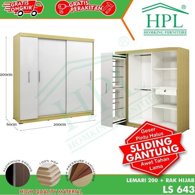 Lemari Pakaian Sliding HPL 200 Hijab Coklat Muda Kayu