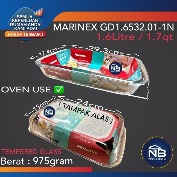 Loyang Piring Kaca Marinex Segi Empat 1.6L Pyrex Pirex Crowave