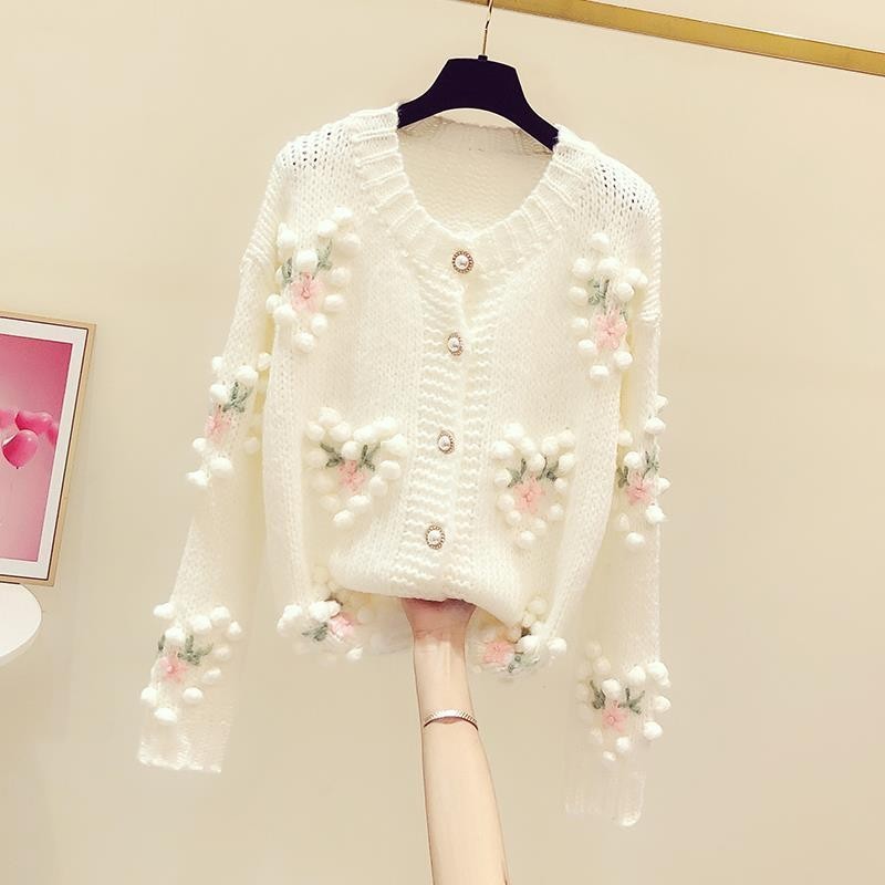 Ladies New Exquisite Flowers Embroidery Love Ball round Neck Knitted Cardigan