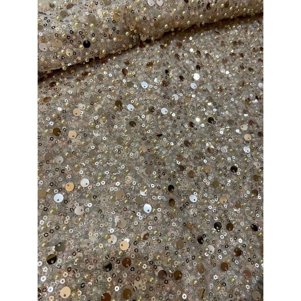 Naenggo Tulle Brukat Premium Gold Emas Kain Full Payet Sequin Mutiara