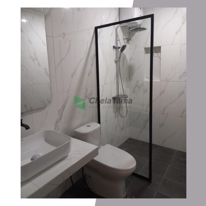 Sekat Shower Kamar Mandi Partisi Kaca Tempered 8Mm Asahi + Frame