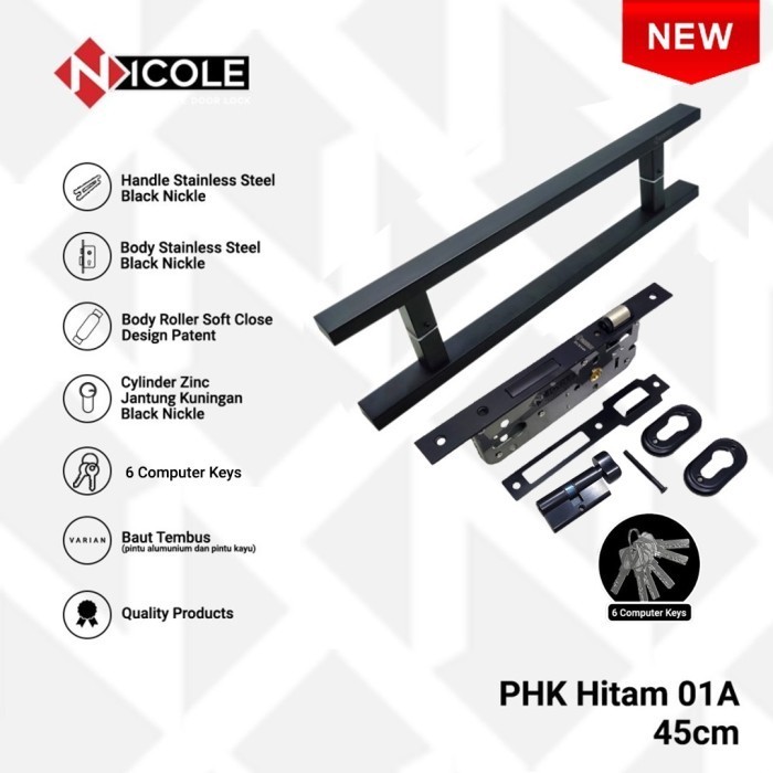 New Pull Handle Tarikan Pintu Gagang Dua Pintu Baut Tembus Set 45CM-Hitam