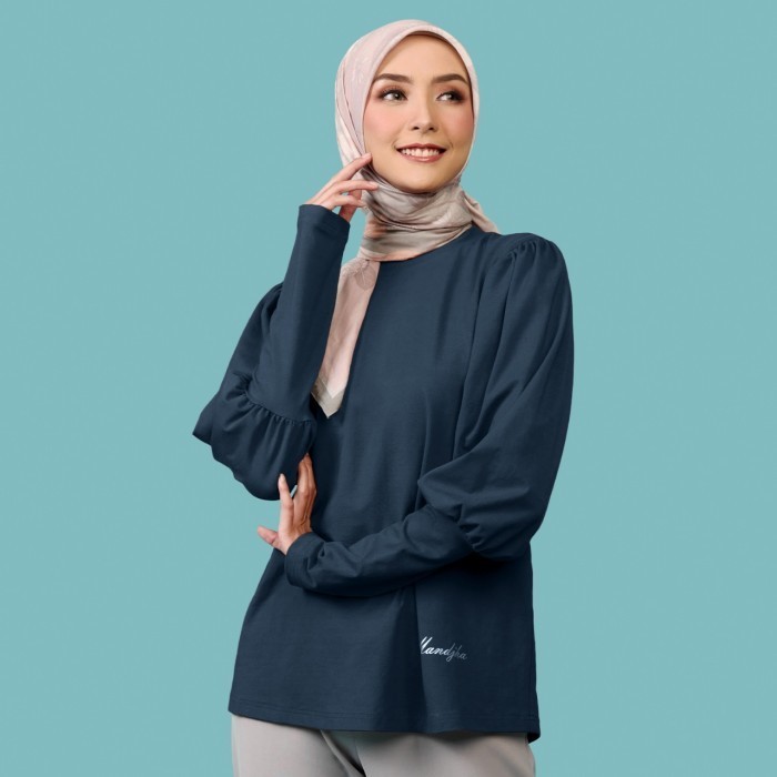 Blouse Muslim Mandjha Ivan Gunawan - Puff Sleeved Navy Kemeja Tunik