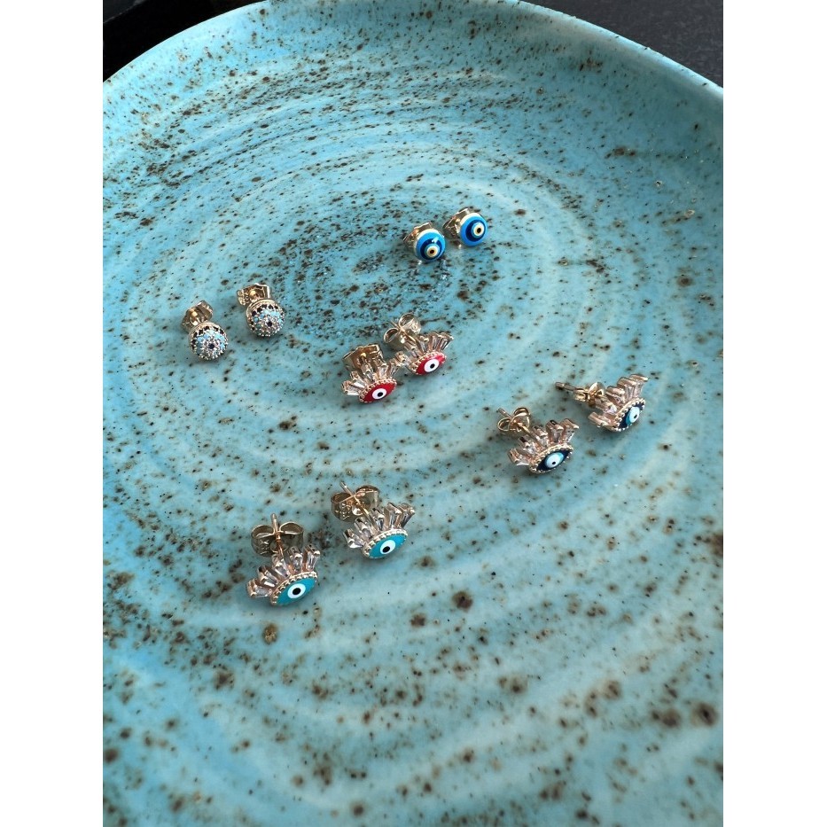 SEE NO EVIL TURKISH EVIL EYE GOLD STUD EARRINGS ANTING MATA WANITA