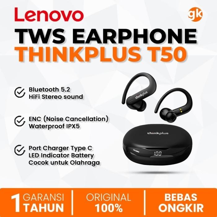 LENOVO Thinkplus T50 TWS Earphone Bluetooth Wireless Headset Sport 5.2 Berkualitas