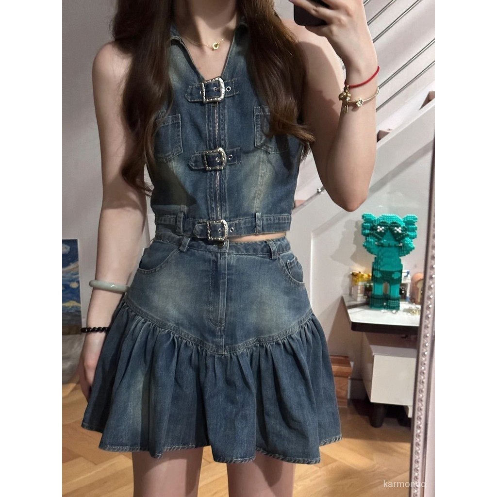 Rompi rompi kamisol denim baru Vintage Millennium dengan desain rasa mode rok setengah badan set dua