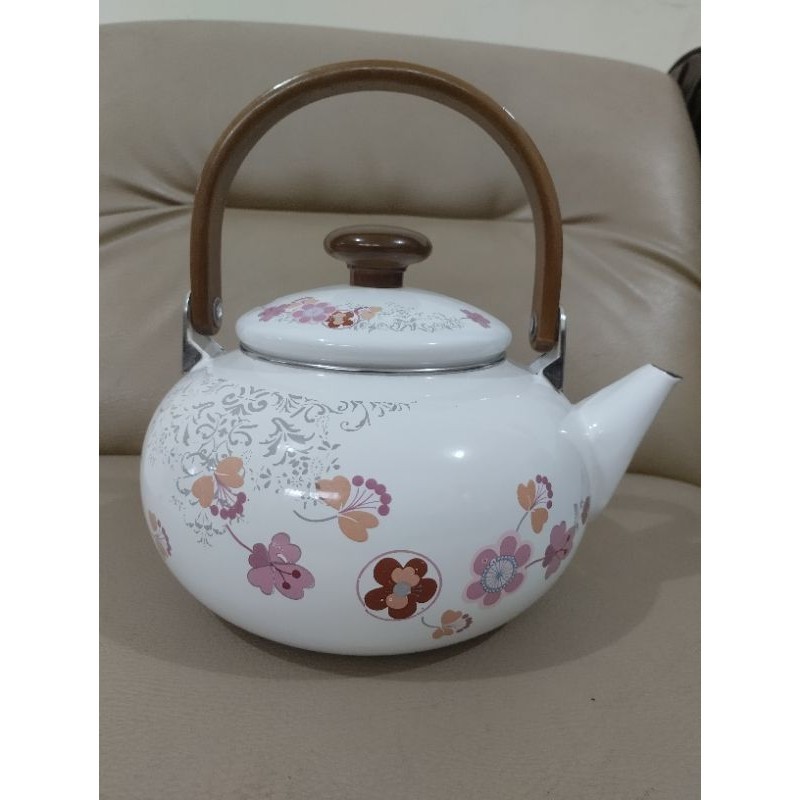 Teko enamel bulat import bunga pink tebal
